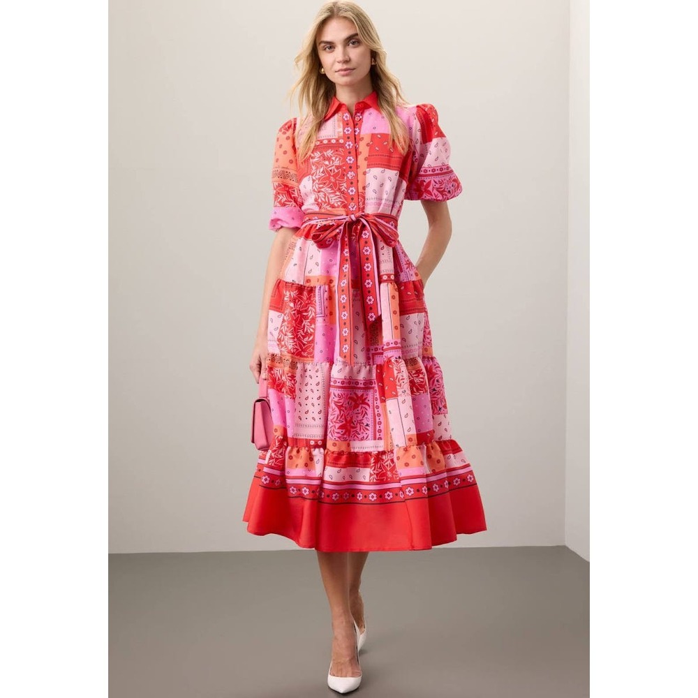 Kate Spade Bandana Patchwork Shirtdress Red Pink Midi Dress Puff Sleeve Sz S
